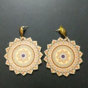 Cream Blue Yellow Orange Wooden Mandala Drop Lightweight Statement Earrings